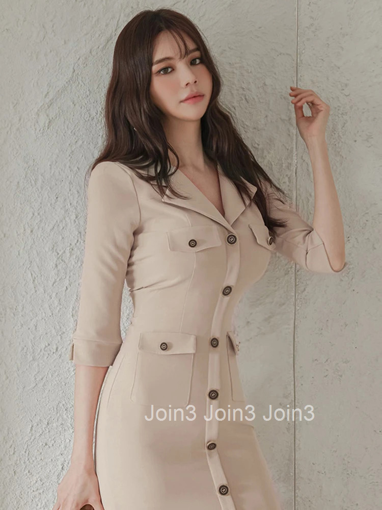 Women Clothes Formal Blazer Solid Three-Quarters Sleeve Slim Midi Pencil Dress Elegant Ladies Vintage Commute Vestido Work Style