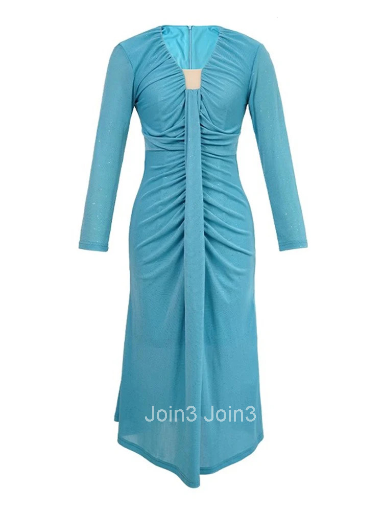 French Style Blue Sparkly Long Evening Dress Ladies Women Clothing Elegant V-Neck Slim Midi Party Prom Robe Femme Mujer Vestidos