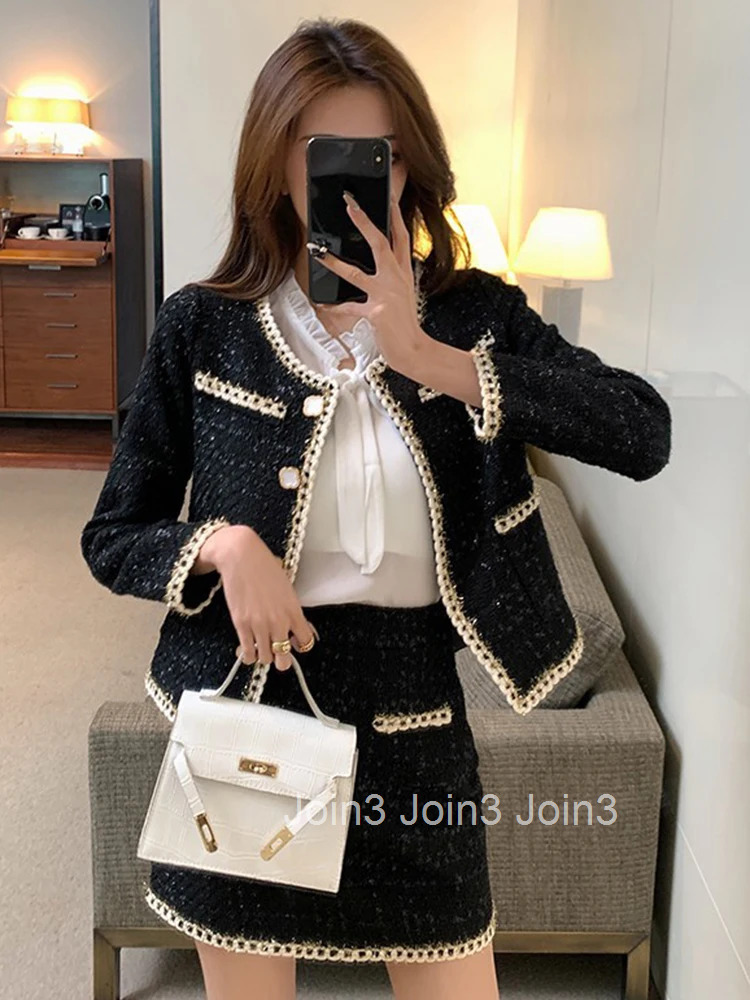 New Fashion Spring Ladies Black Tweed Vintage 2 Pieces Outfit Women Short Coat Tops Jacket Outwear And Mini Skirt Mujer Slim Set