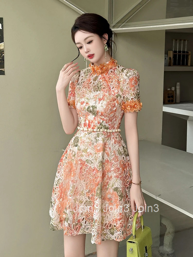 Elegant Floral Embroidery Summer Fashion Vacation Short Dress Women Clothes Short Sleeve Slim A-Line Party Prom Vestidos Fiesta