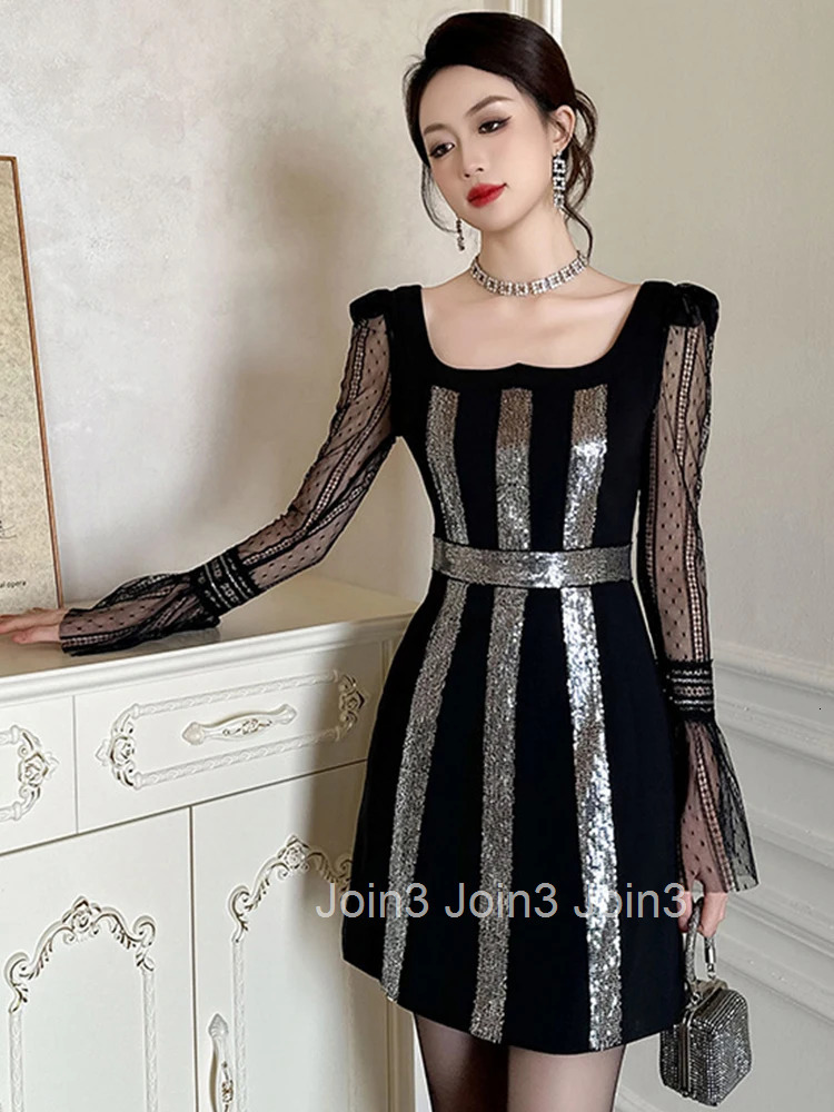 New Spring Fashion Lady Black Sequin Evening Short Dress Women Clothes Elegant Sheer Sexy Square Collar Slim Party Prom Vestidos