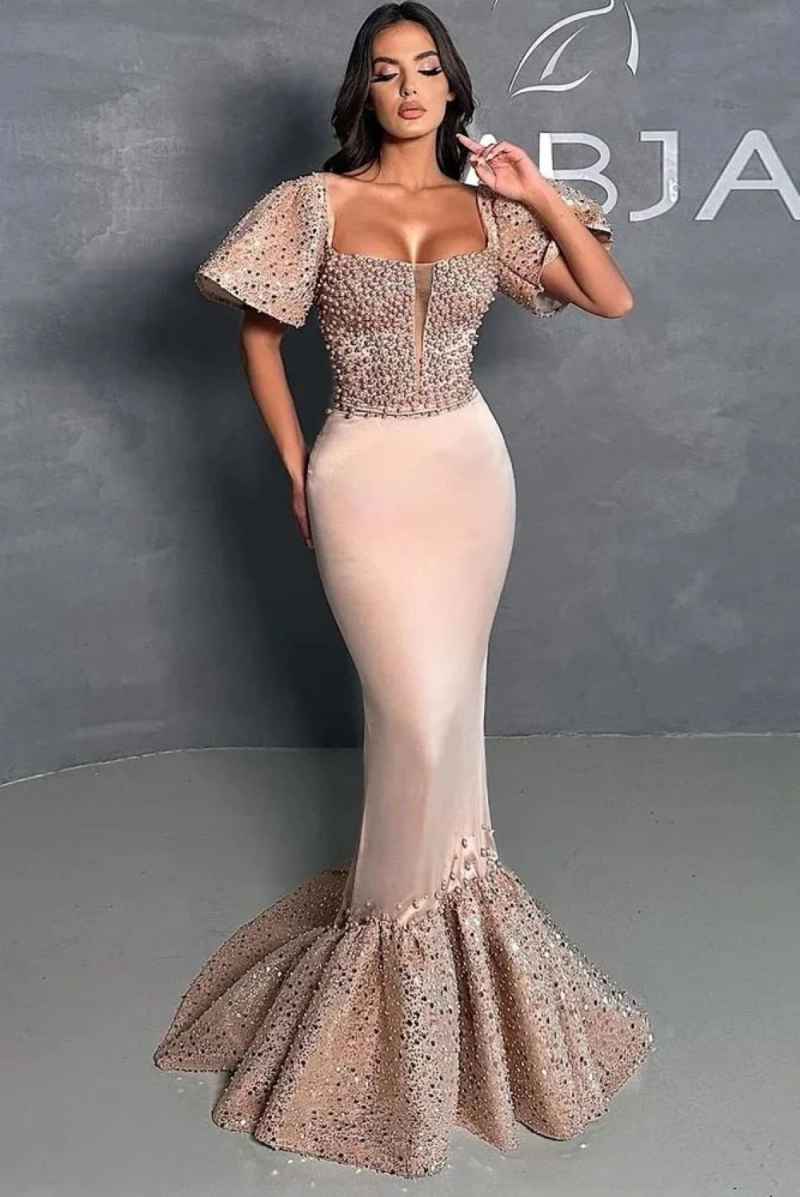 Gorgeous Pearls Mermaid Evening Dress Square Neck Short Sleeve Prom Gowns Sheath Beaded Floor Length Formal Dresses Customized