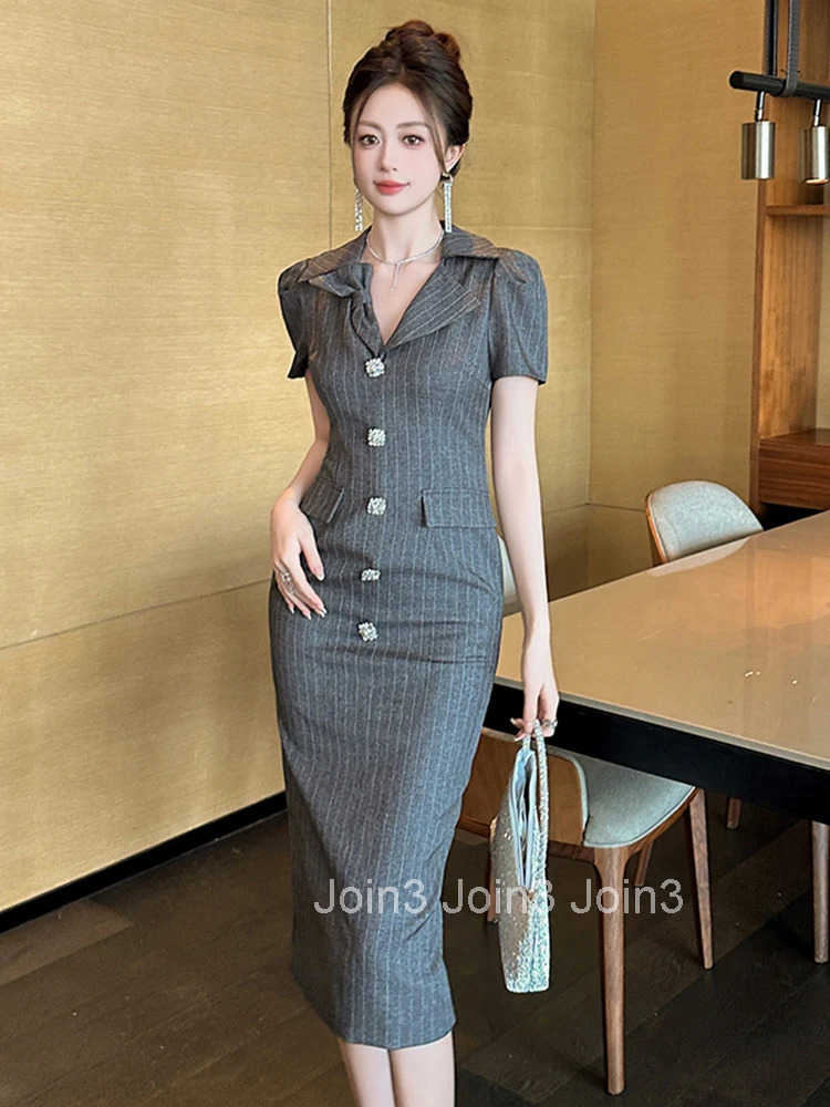 Summer Retro Gray Striped Formal Occasion Dress Women Clothes Commute Elegant Office Lady Short Sleeve Slim Midi Pencil Vestidos