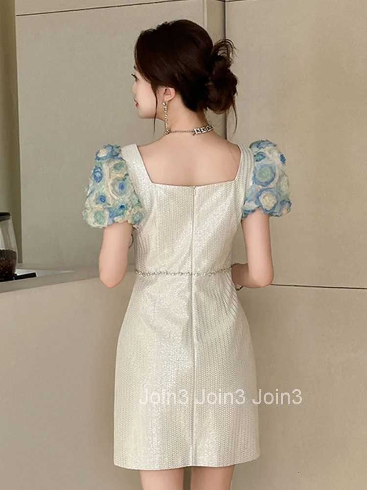 New Fashion Silver Shiny Bright Silk Summer Evening Dress Women Clothes Elegant Sweet Floral Puff Sleeve Slim Party Prom Vestido