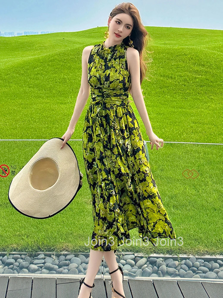 Summer Chiffon Sweet Floral Print Vacation Beach Long Dress Women Clothes Elegant Sleeveless Slim Party Prom Vestido Fiesta Robe