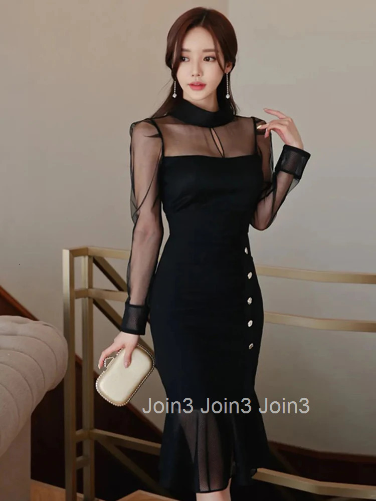 Fashion Work Style Formal Black Mermaid Dress Women Clothes Elegant Office Sheer Sexy Long Sleeve Slim Midi Party Mujer Vestido