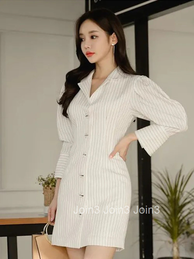 Fashion Lady Work Style Formal Pencil Dress Women Clothes Elegant Office Vintage Striped Puff Sleeve Slim Mini Short Vestidos