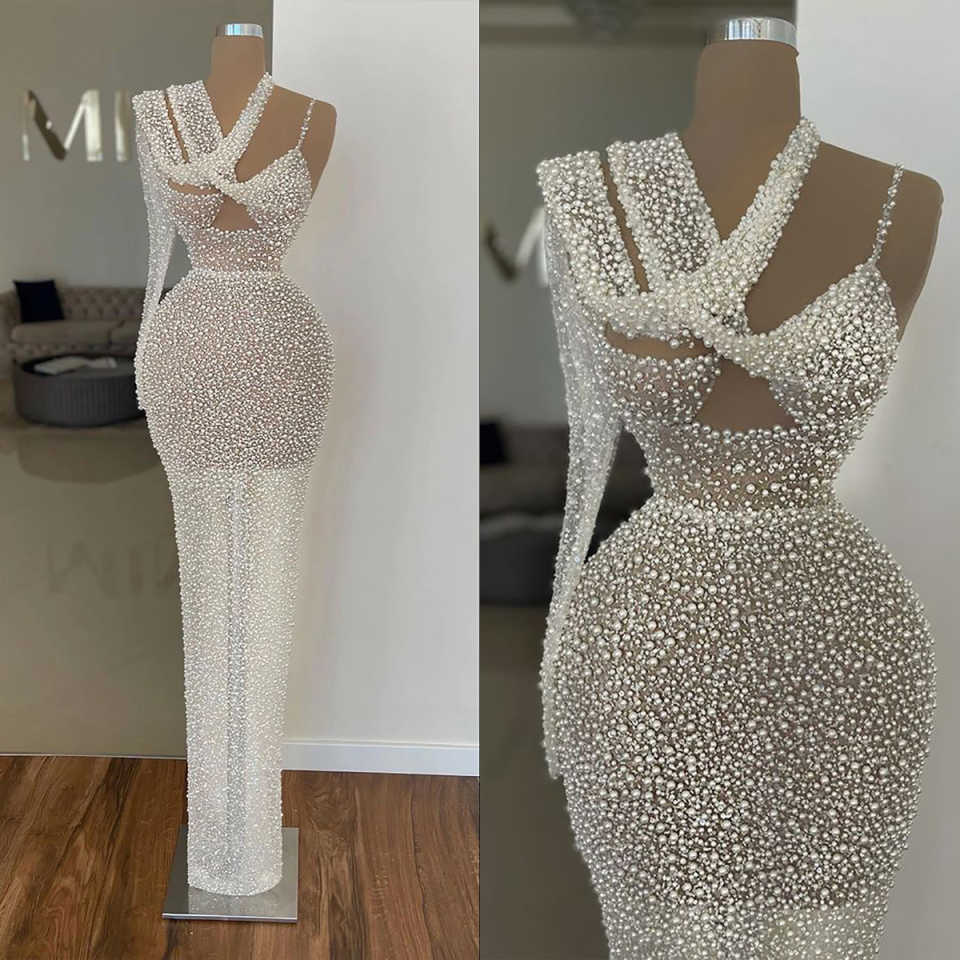 Sexy Mermaid Wedding Dress One Shoulder Long Sleeves Bridal Gowns Pearls Beaded Sequins Sweep Train Dresses Custom Made vestidos de novia