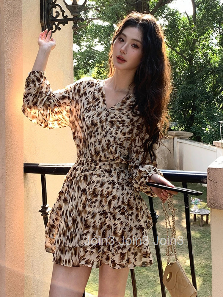 Vintage Sweet Leopard Print Temperament Holiday Dress 2025 Retro Casual Long Sleeve Ball Gown Female Beach Street Vestidos Lady