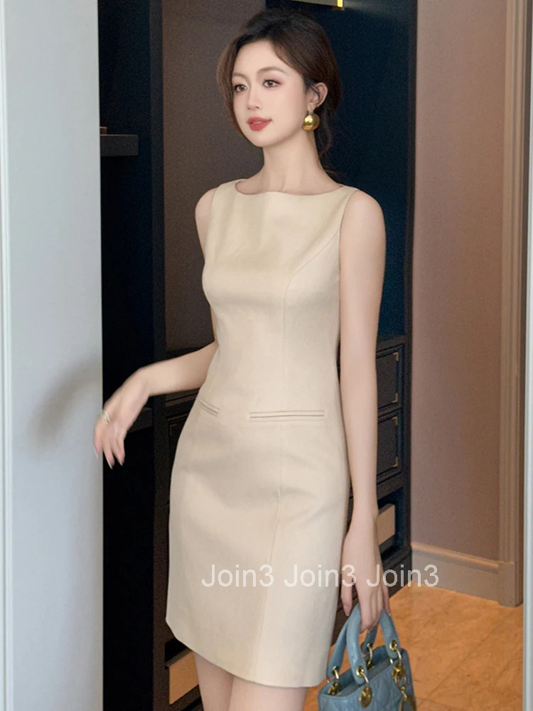 Women Clothes Solid Simple Sexy Sleeveless Slim Mini Short Dress Elegant Commute Business Formal Occasion Party Vestidos Casual