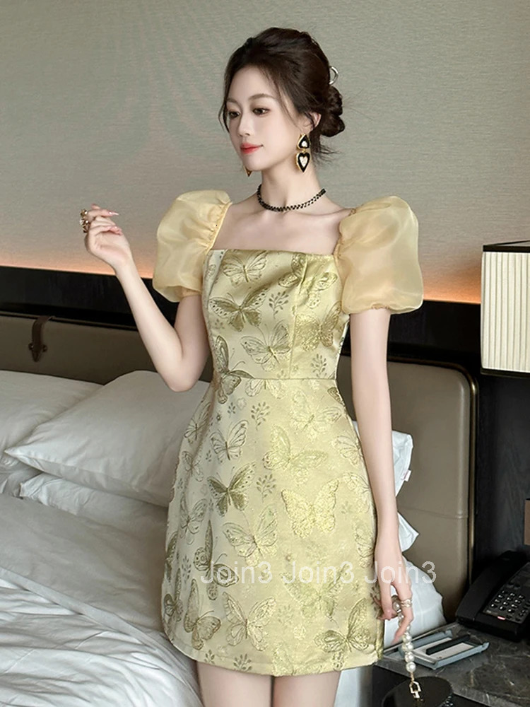 New Summer Sparkly Gold Butterfly Print Gown Evening Dress Women Clothes Elegant Puff Sleeve Slim Short Party Club Prom Vestidos