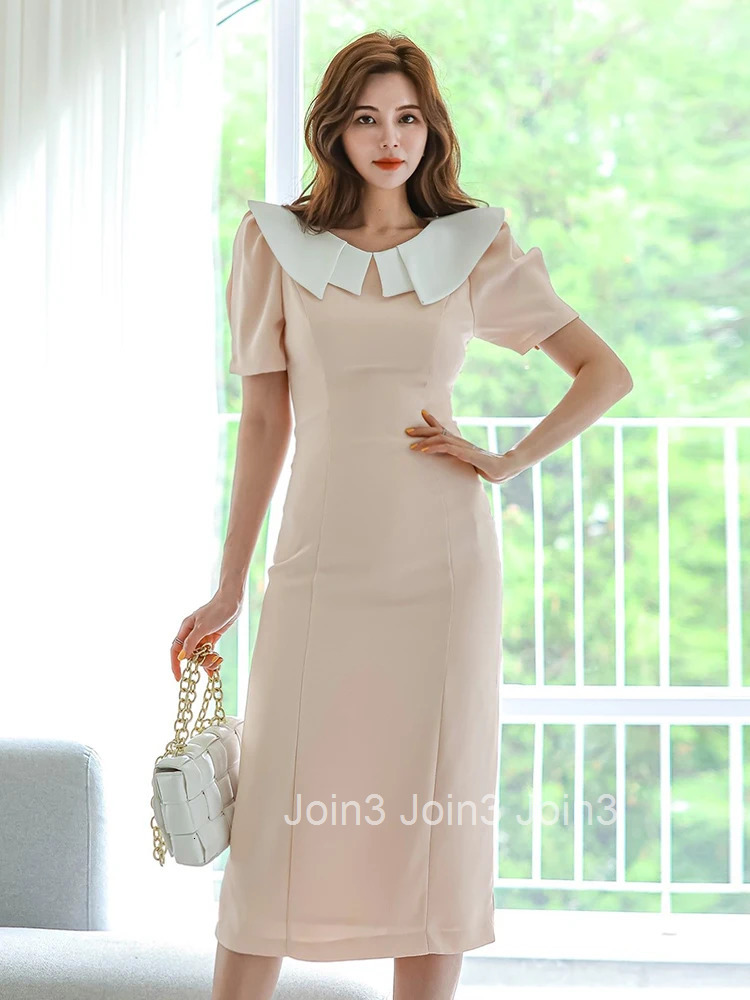 New Summer Fashion Sweet Work Style Formal Pencil Dress Women Clothes Casual Elegant Lady Vintage Puff Sleeve Midi Robe Vestidos