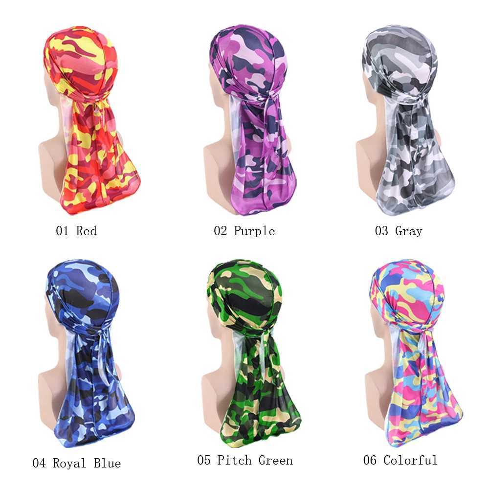 Unisex Long Tail Imitated Silky Scarf Muslim Doo Rag Pirate Hat Durag Camouflage Chemo Caps Skull Hat Turban Hair Band Bandanas M250623