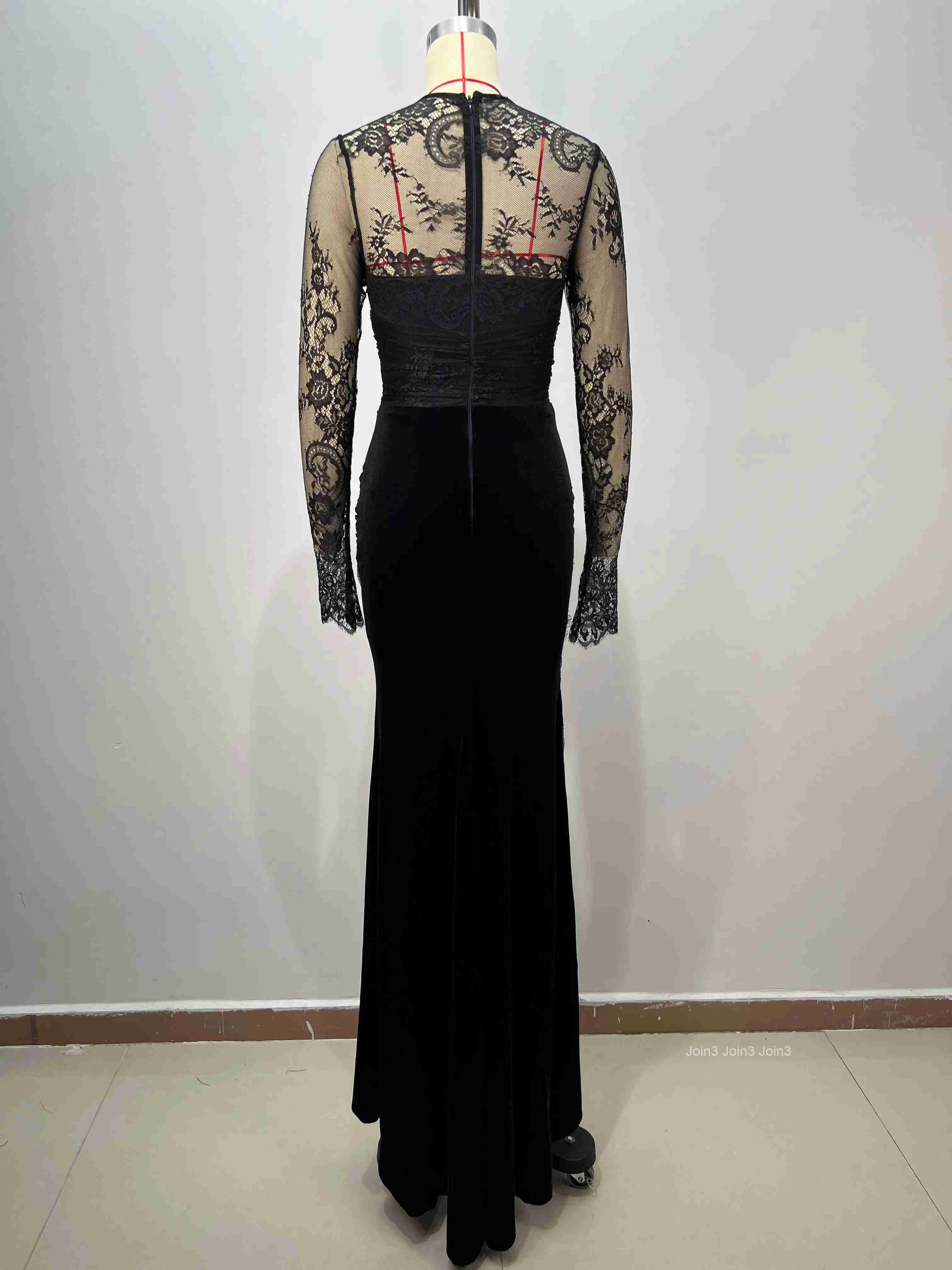 Bandage Dress Black Lace Long Sleeve Backless Mermaid Evening Gown Velvet Skirt Beaded Waist Formal Party Wear