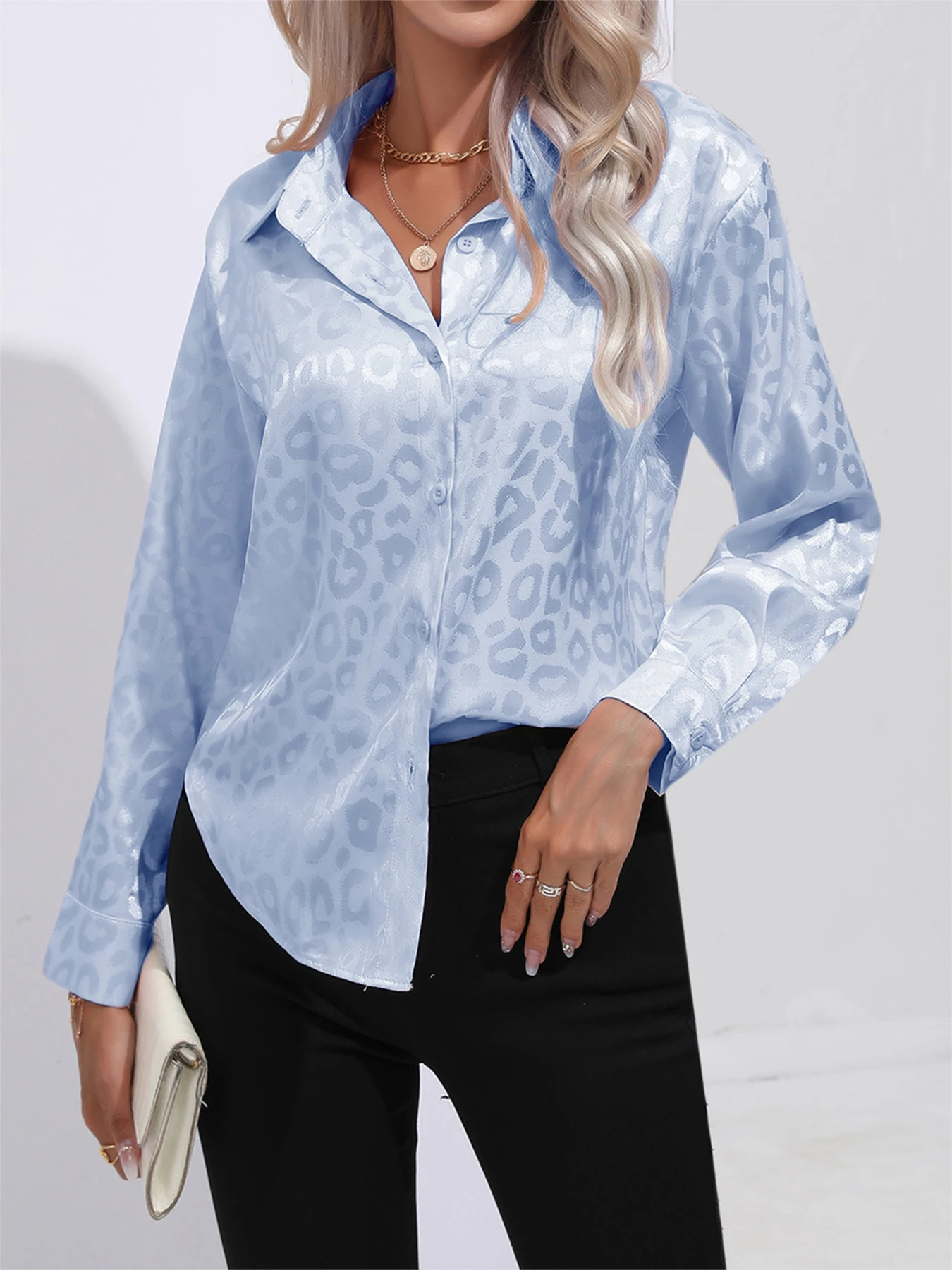 Elegant Lapel Collar Button Front Long Sleeve Leopard Shirt For Women Satin Blouse 250617