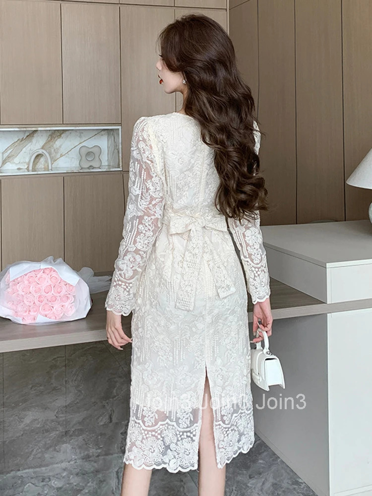 Spring Autumn Fashion Sweet Lace Embroidery A-Line Long Dress Women Clothes Elegant Vintage Puff Sleeve Slim Vestidos Robe Femme