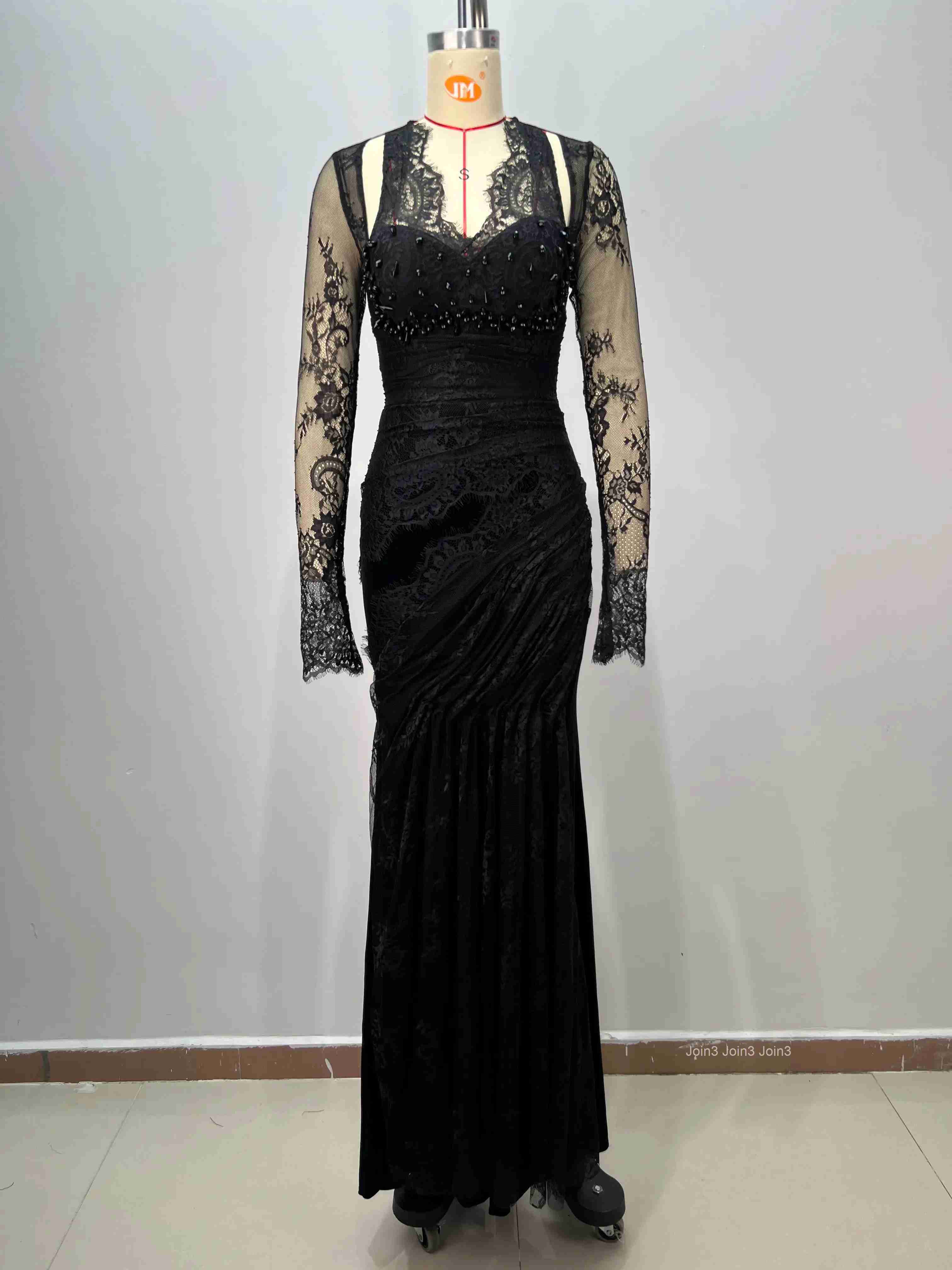 Bandage Dress Black Lace Long Sleeve Backless Mermaid Evening Gown Velvet Skirt Beaded Waist Formal Party Wear