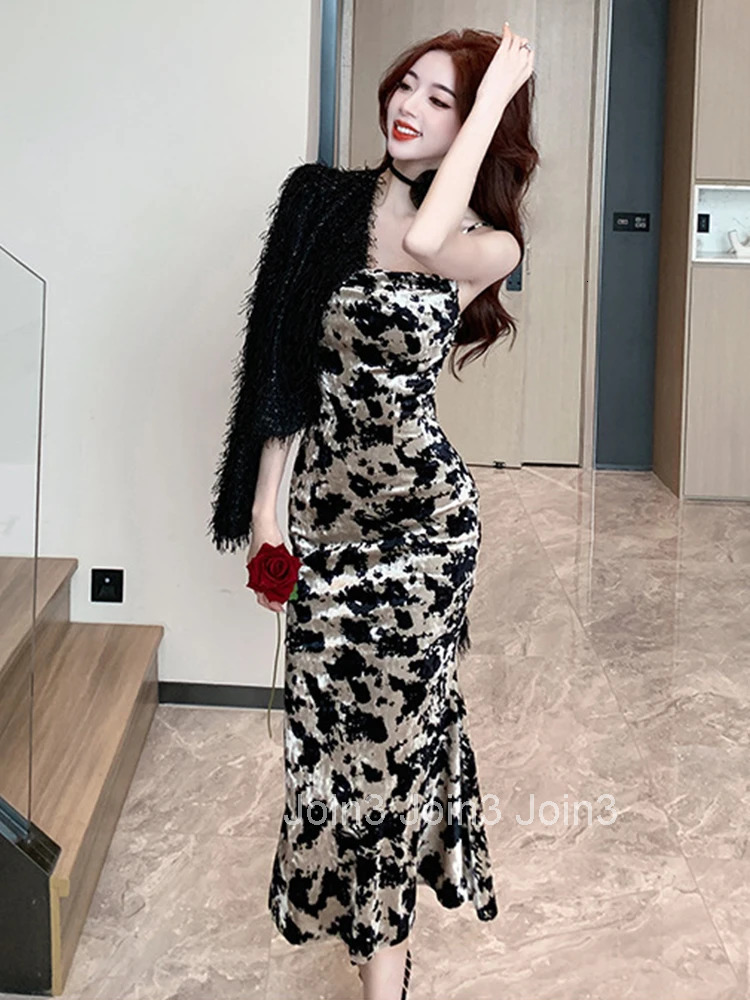 Fashion Spring Autumn Vintage Velvet Long Dress Women Clothing Elegant Pretty Print Sexy Strap Skinny Midi Robe Mujer Vestidos
