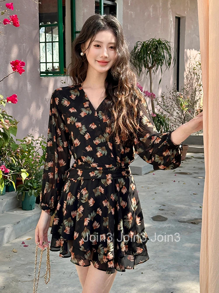Women Vacation Clothes Sweet Chiffon Floral Print V-Neck Slim Mini Short A-Line Dress Elegant Fashion Party Vestidos Casual New