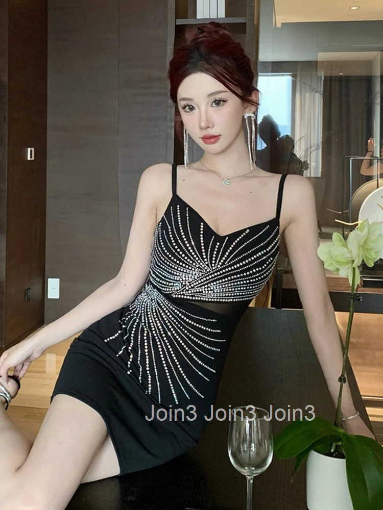 Summer Fashion Sparkly Black Evening Dress Women Clothes Elegant Sexy Sling Backless Skinny Mini Short Party Club Prom Vestidos