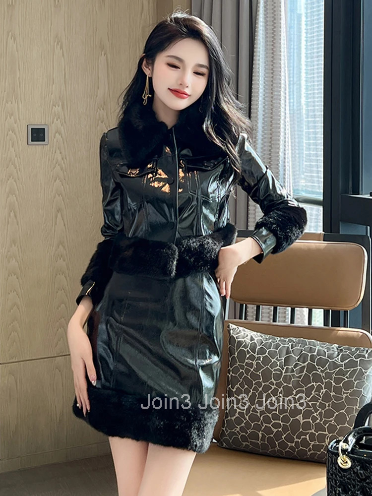 Fashion Autumn Winter Faux Leather PU Black 2 Pieces Outfits Women Clothes Coat Jacket And High Waist Mini Skirt Mujer Short Set