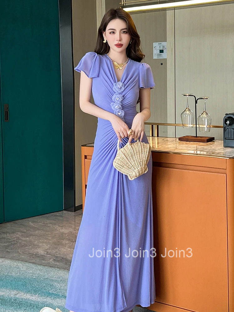 French Romance Purple Vacation Evening Dress Women Stretchy Clothes Elegant Floral V-Neck Skinny Maxi Robe Party Prom Vestidos
