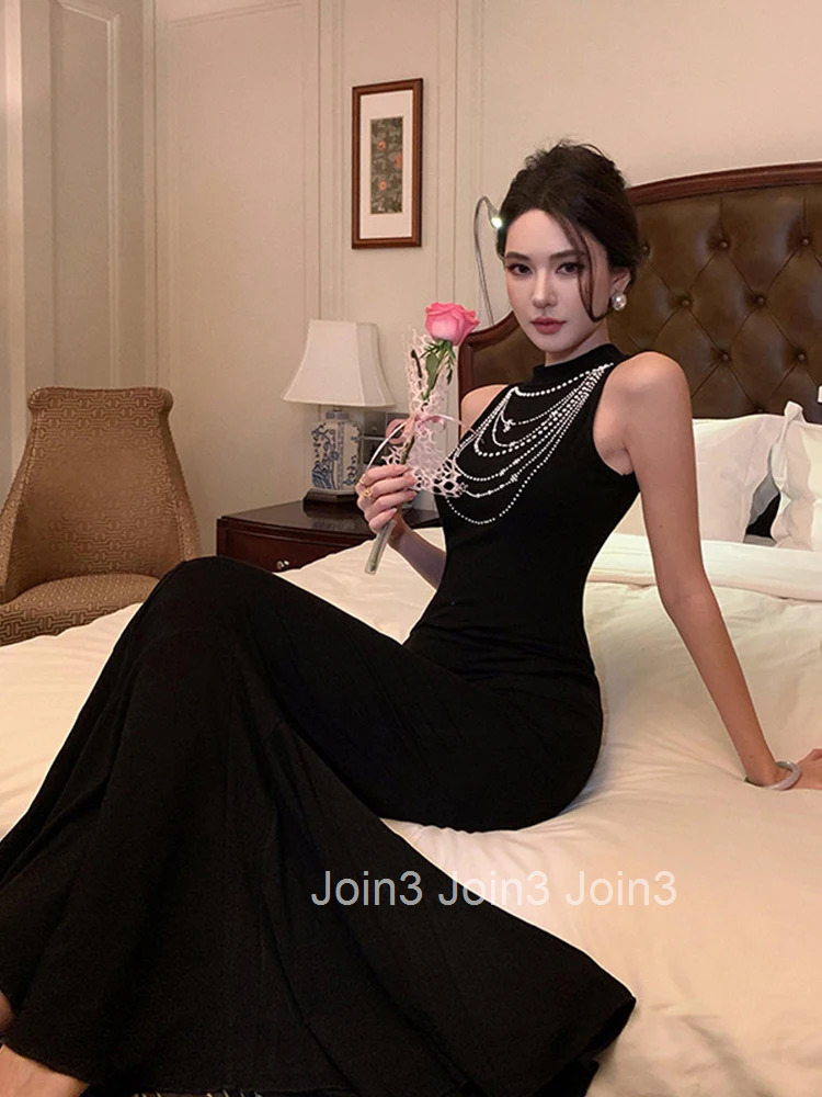 French Style Party Dress Women Luxury Elegant Black Sexy Vest Bodycon Long Fishtail Robe Female Evening Prom Vestidos Dance Host