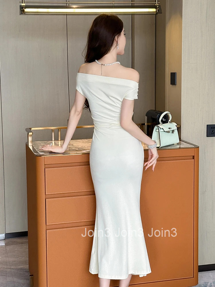 Summer Solid Stretchy Evening Dress Women Clothes Elegant Sexy Off-Shoulder Skinny Fishtail Long Robe Femme Party Prom Vestidos