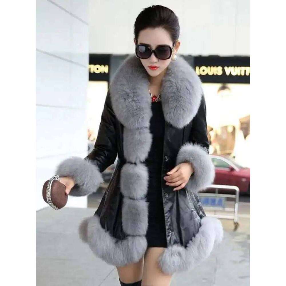 DEAT Fashion Women's PU Jacket Imitation Fox Fur Collar Single Breasted Long Sleeve Leather Coat Winter 2024 New 7AB6097