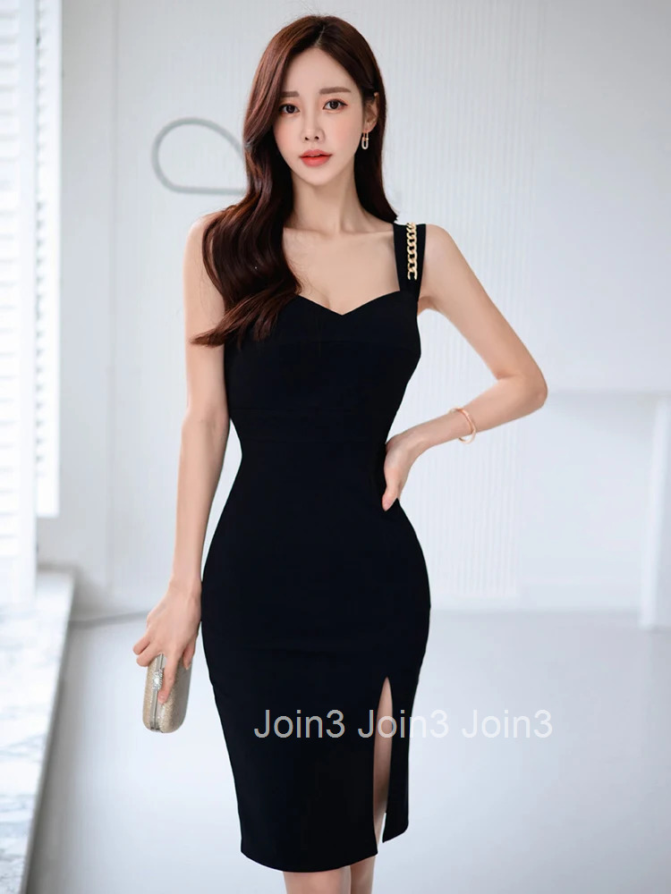 Black Elegant Office Women Dress Temperament Tank Chain Square Collar Slim Slit Midi Club Gown Femme Ropa Mujer Verano Vestidos