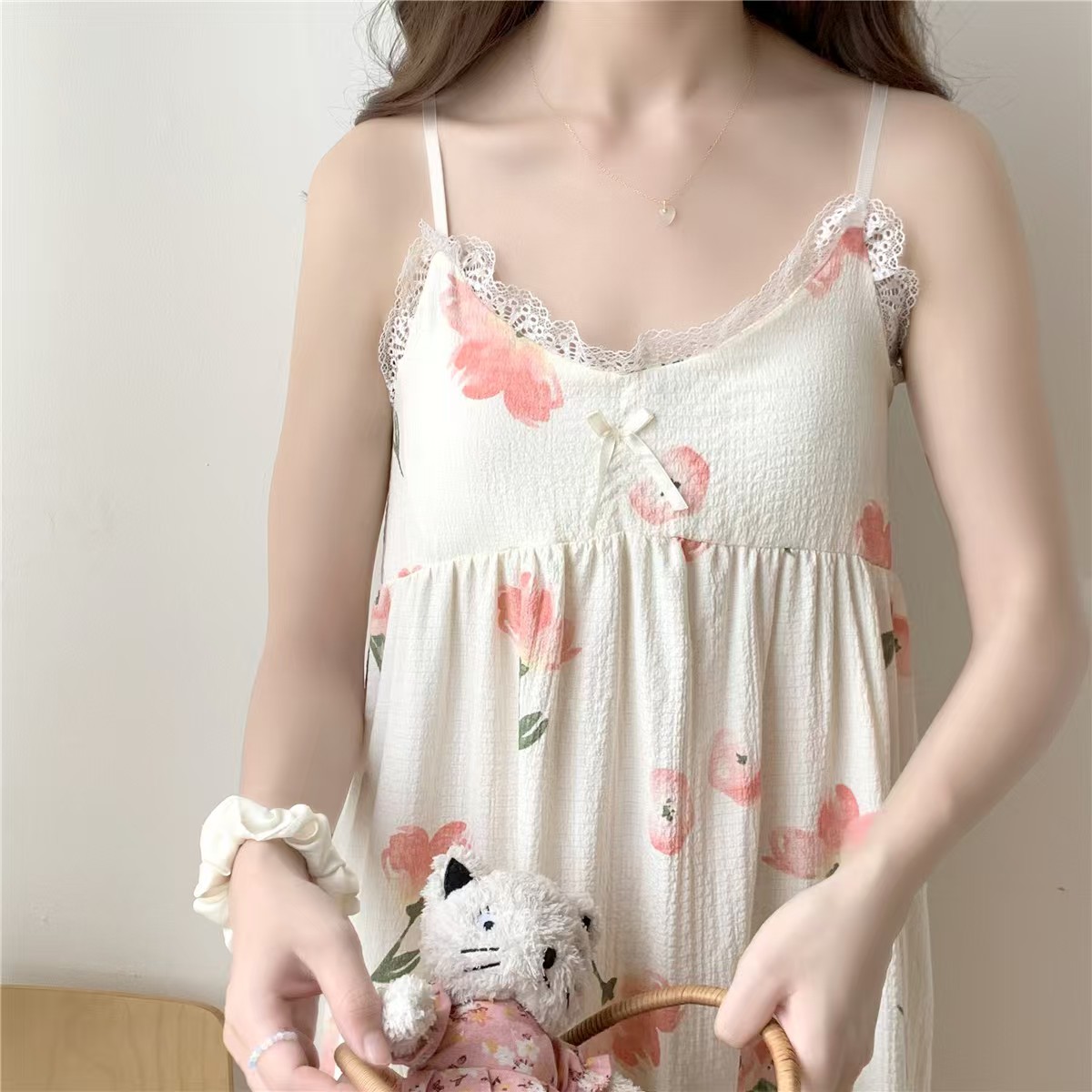 2025 women's models spring and summer sweet ins style halter mid-length loose nightgown female home dress tulips hot-sale products