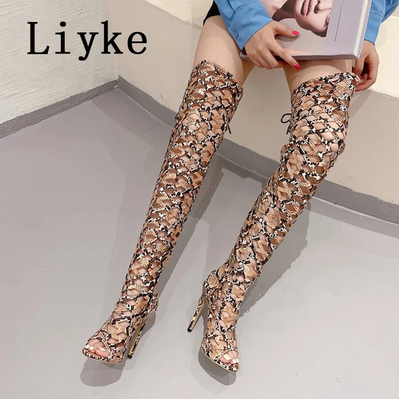 Liyke Sexy Snakes Print Leather Women Hollow Out Thigh High Over The Knee Boots Sandals Fashion Open Toe Zip Lace-Up Heels Shoes 250617