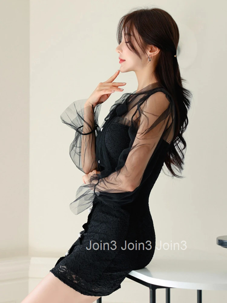 Sexy Temperament Bodycon Dress Women Fashionable Sweet Sheer Mesh Bow Bandage Lace Single Breasted Short Gown Party Vestidos New