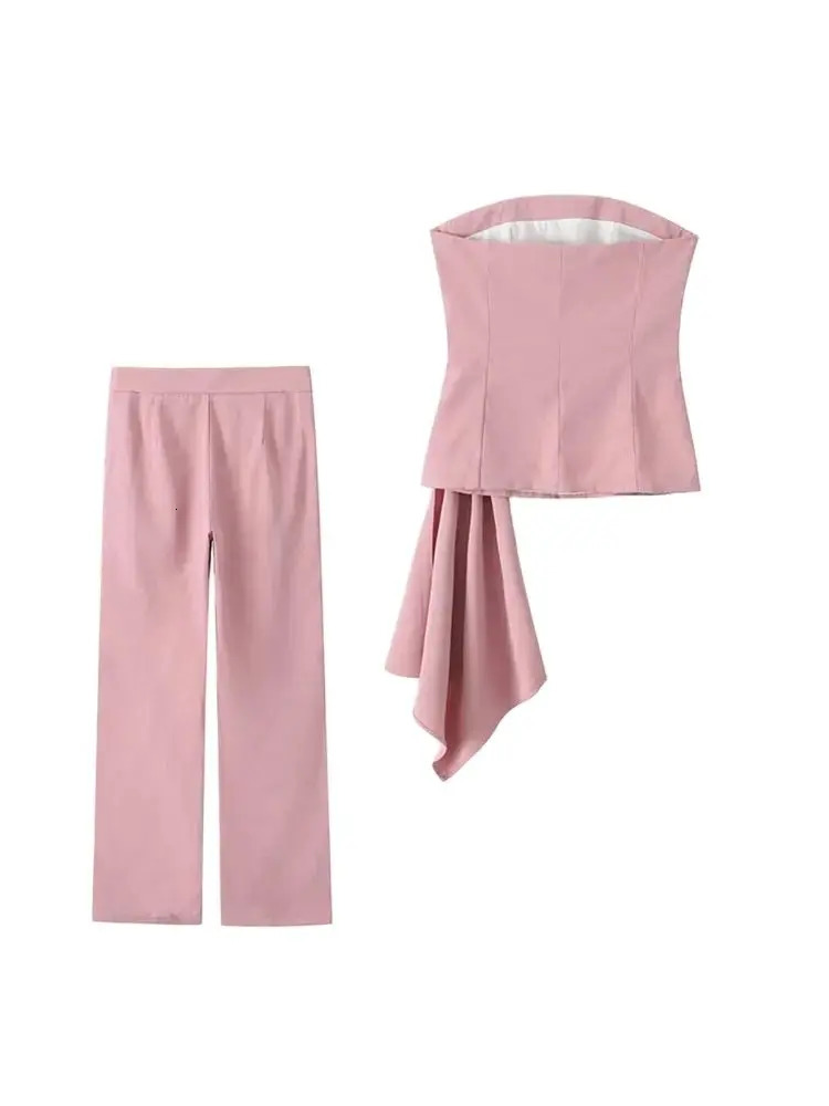 TRZA Women Fashion Draped Strapless Bustier Tops And High Waist Side Pockets Flared Pants Female Two Piece Sets Mujer 250616