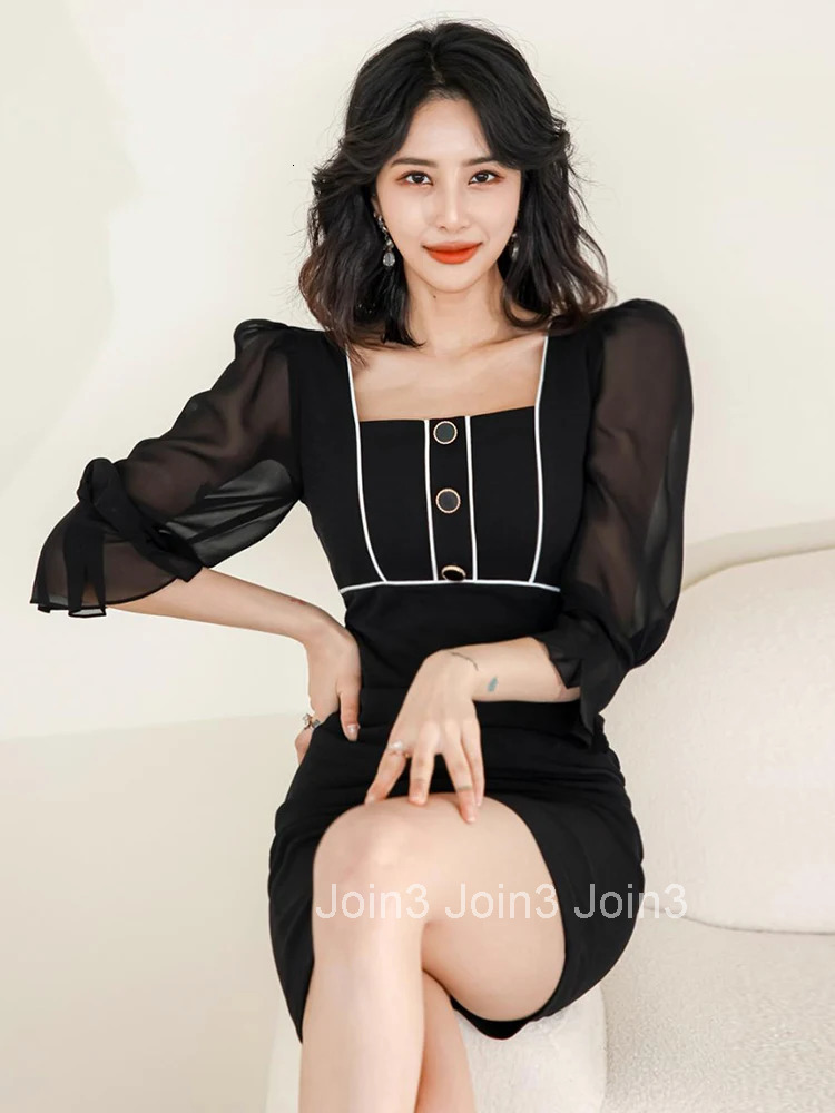 New Summer Elegant Office Women Short Dress Vintage Black Sexy Square Collar Slim Mini Pencil Party Street Clothes Mujer Vestido