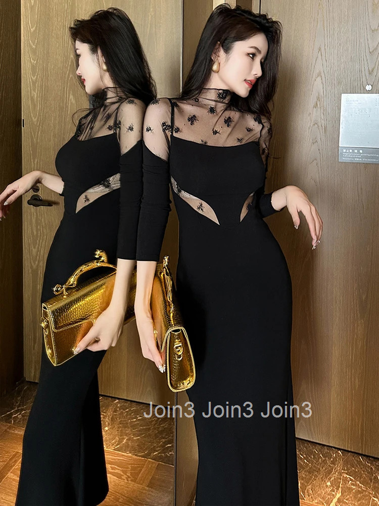 Ladies Christmas Sexy Evening Long Dresses Mujer Women Clothes Mesh Sheer Skinny Slim Maxi Party Prom Robe Femme Vestido Fashion