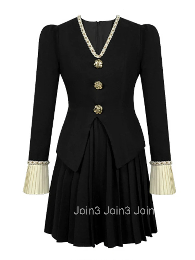 Women Clothes Formal Occasion Black Fake 2-Piece V-Neck Slim Pleated Mini Short Dress Elegant Fashion Party Vestido Casual Sweet