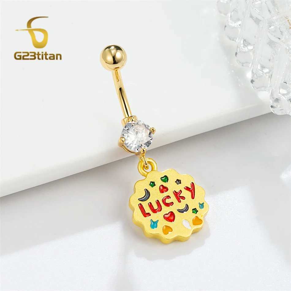 Chinese Lucky Bling Word Pendant Belly Rings G23 Titanium Rod 14G Navel Bar Golden Bo Piercing Male Female Romantic JewelryXJ250623