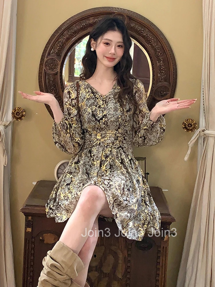 French Fashionable Mini Dress Women Vintage Print Long Sleeve Pleated Ball Gown Lady Coffee Break Street Vestido Holiday Clothes