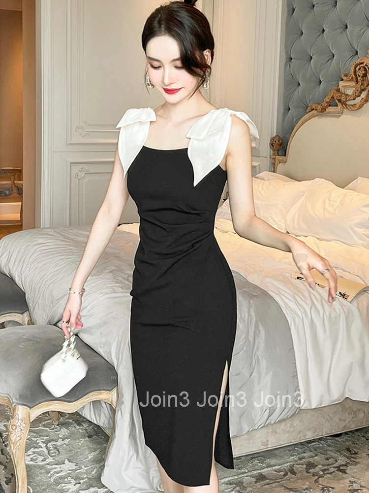Black Women Evening Dress Formal Sweet Sexy Strap Backless Folds Slim Bag Hip Midi Party Club Prom Lady Robe Femme Mujer Vestido