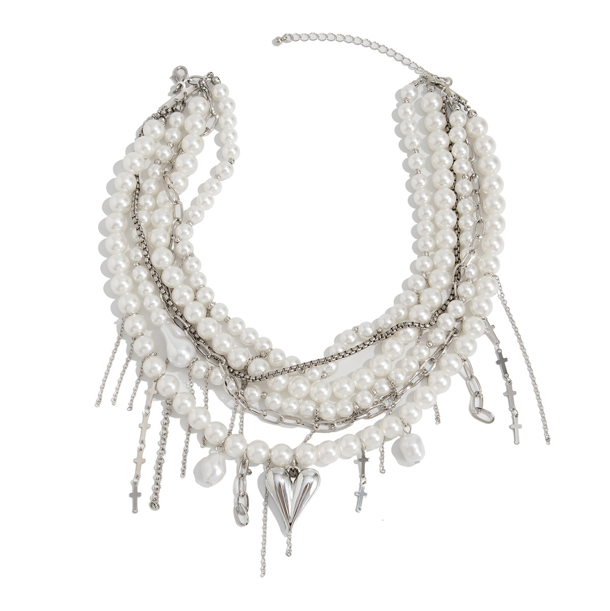French Style Pearl Short Choker Niche Heart Cross Multi-layer Wrapped Necklace Jewelry
