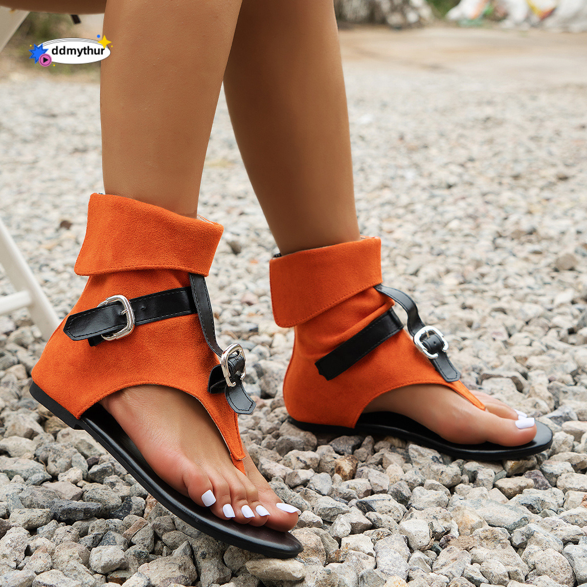 Toe Post Flat Roman 2024 Summer New Denim Fabric Belt Buckle Large Size High Top Sandals for Women ddmythur