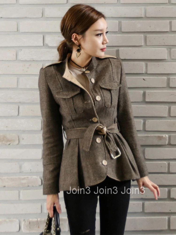 Elegant Office Women Short Jacket Coat Casual Vintage Stripe Single Breasted Belt Slim Lady Femme Mujer Autumn Winter Outerwear