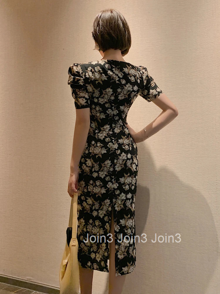 New Arrival Fashion Party Dress Women Elegant Summer Vintage Puff Sleeve Print Beach Temperament Office Lady Slim Pencil Dress