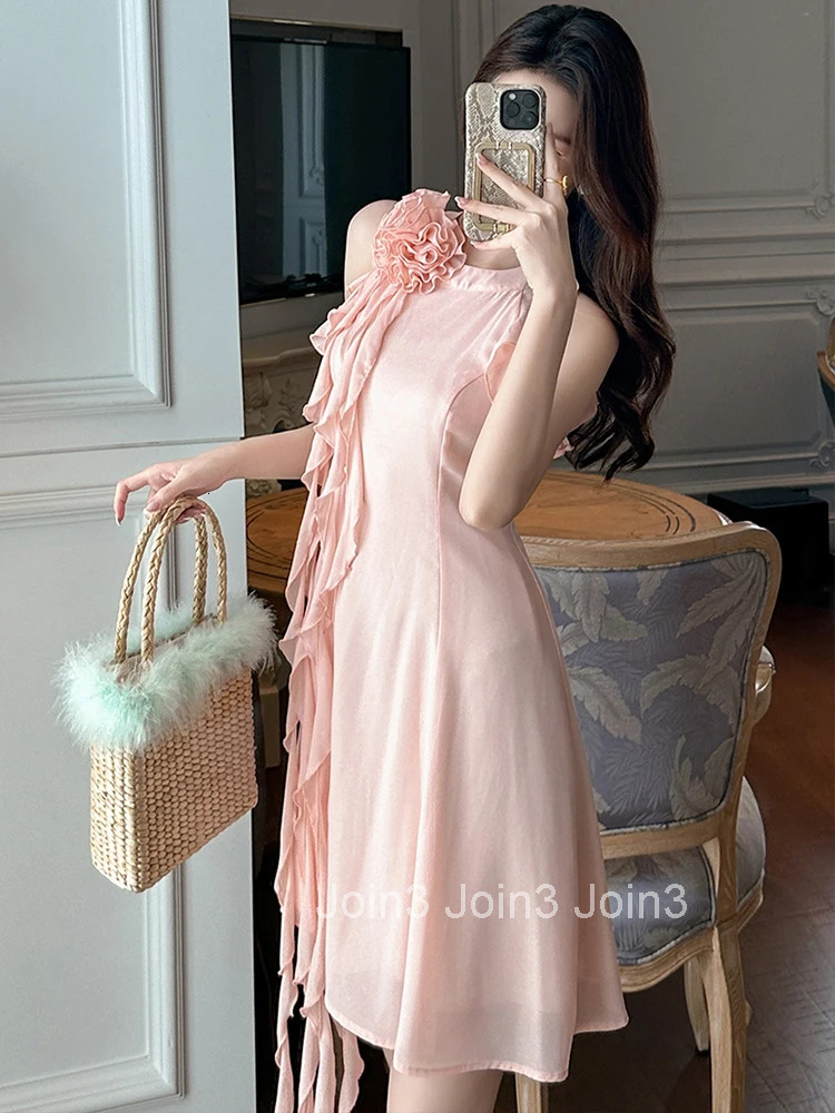 New Summer Fashion Pink Chiffon Evening Dress Women Clothes Elegant Sweet Flower Sleeveless Slim Short A-Line Party Prom Vestido