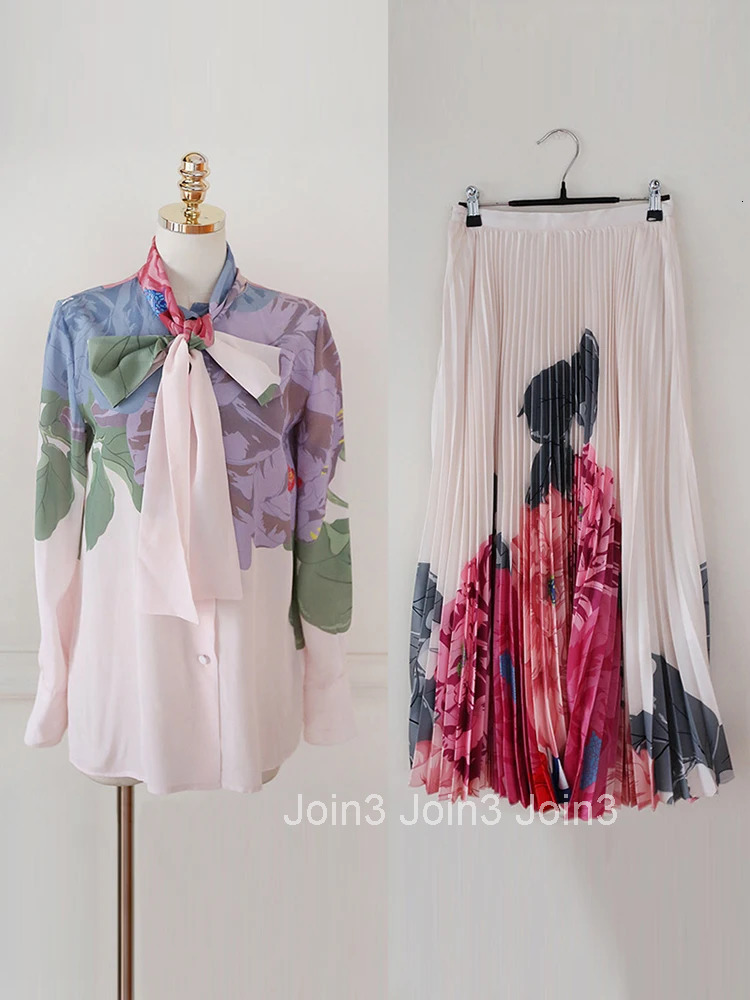 New Korean Fashion Work Style Print 2 Pieces Outfits Women Clothes Elegant Office Loose Tops Shirt Blouse And Pleated Skirt Set