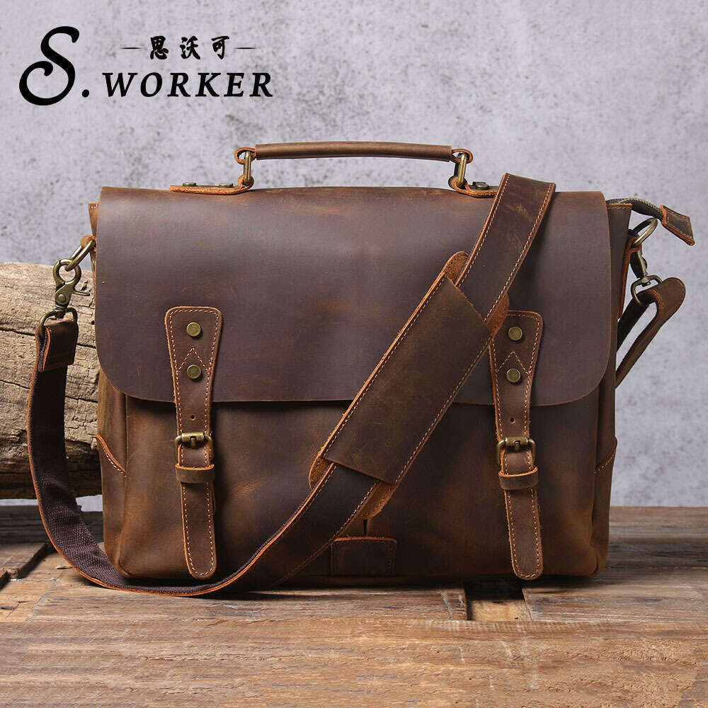 Crazy Horse Messenger First Layer Cowhide Men's Handheld Briefcase Genuine Leather Shoulder 14inch Laptop Bag