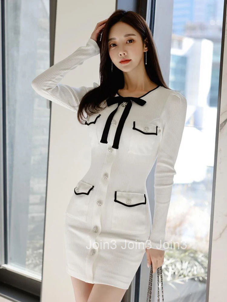 Korean Fashion Autumn Winter Knitted Short Dress Mujer Women Ladies Sweater O-Neck Long Sleeve Skinny Vestidos Stretchy Clothes