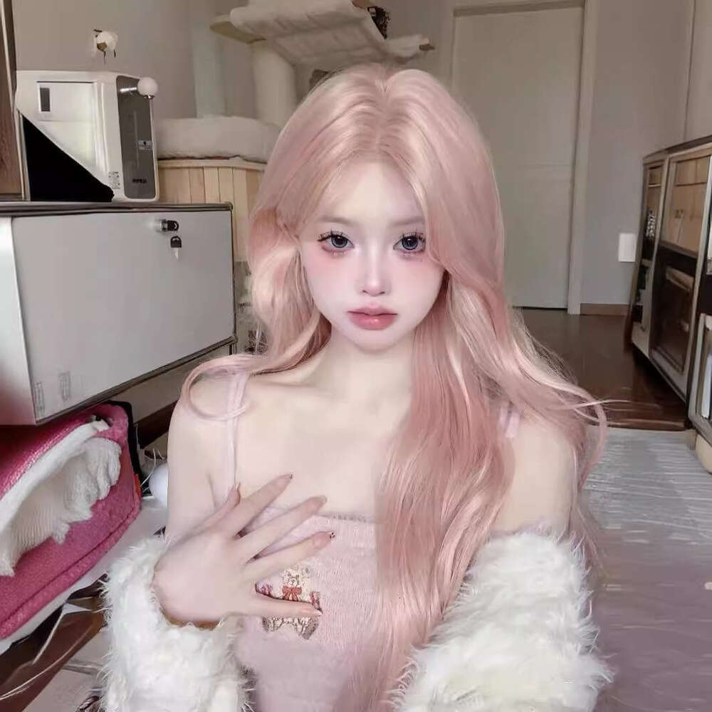 Rose Pink Hair For Women, Middle Part, Bangs, Big Waves, Long Curly Hair, Internet Celebrity Lolita Full Wig