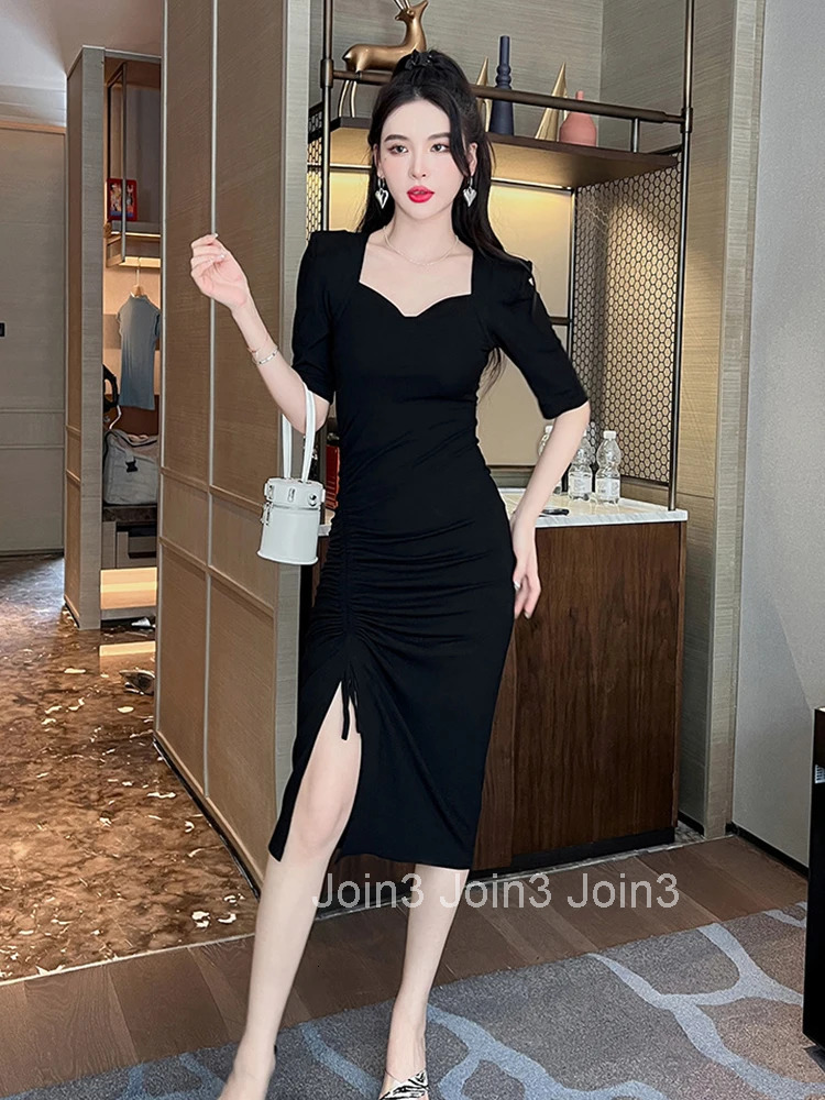 Summer Elegant Women Dress Casual Simple Square Collar Draw String Skinny Slim Midi Club Beach Stretchy Robe Femme Mujer Vestido